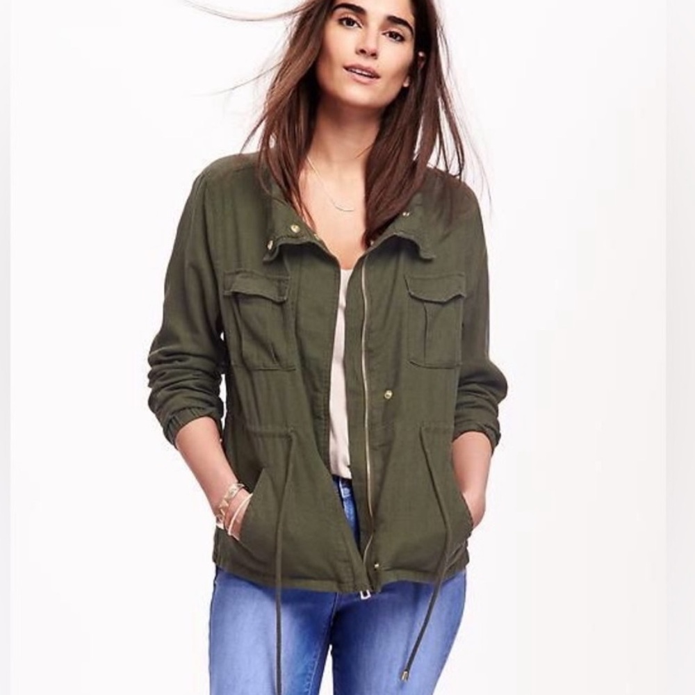 Olive Utility Jacket Linen Blend Old Navy Size L Y2K Boho Casual